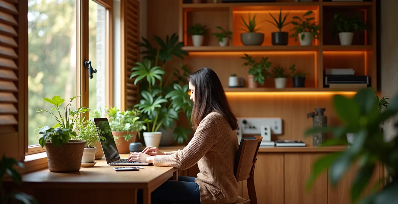 Oficina en casa con diseño biofílico integrado