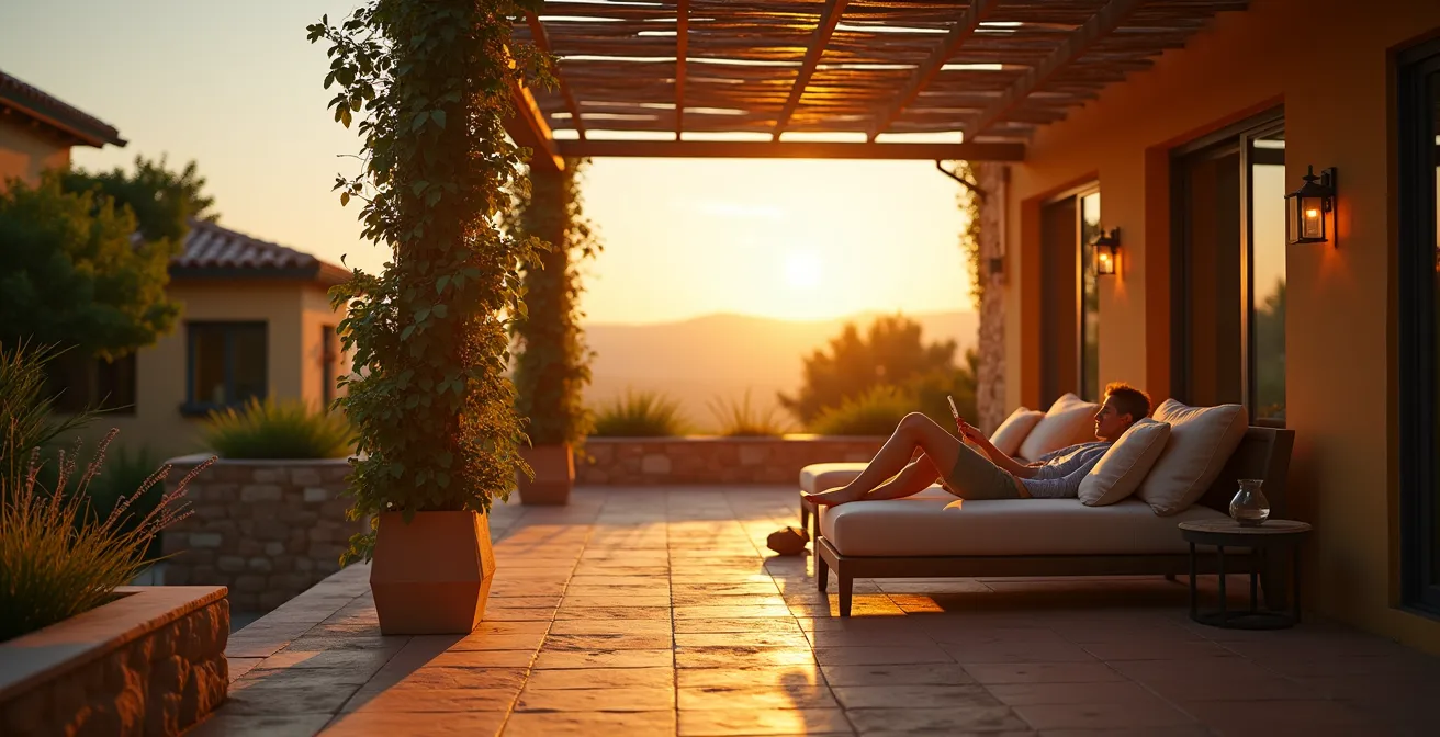 Pérgola bioclimática con lamas orientadas bloqueando el sol de tarde en una terraza