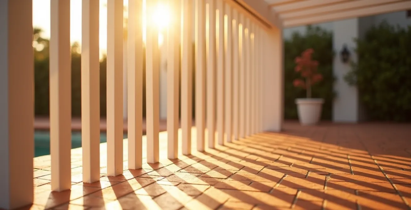Vista detallada de lamas de aluminio blanco de pérgola bioclimática orientadas verticalmente bloqueando sol de tarde