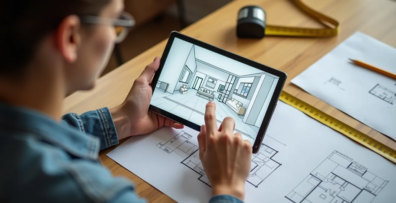 Persona trabajando con tablet digital mostrando plano de casa y herramientas de medición sobre mesa