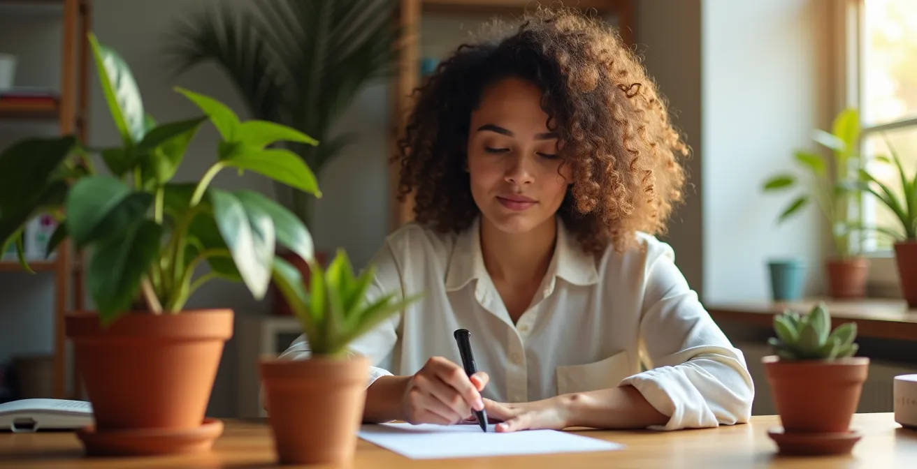 Espacio de trabajo con plantas verdes estratégicamente ubicadas para mejorar la concentración