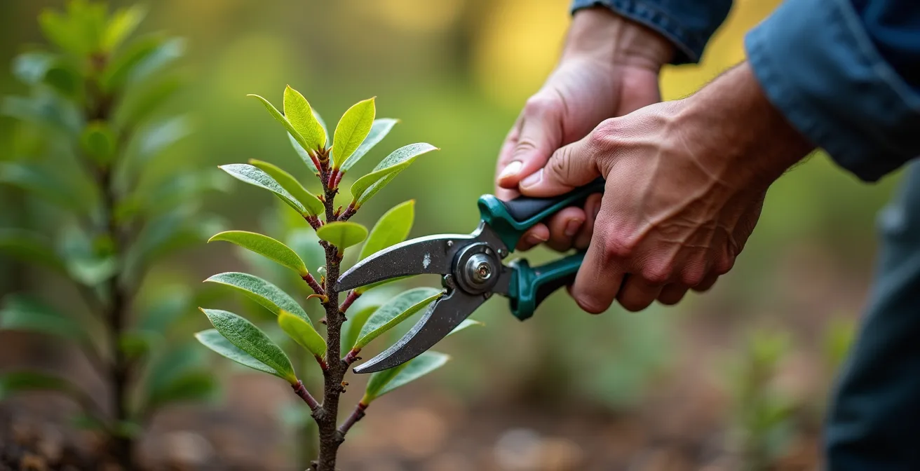 Manos de jardinero podando un seto joven con tijeras profesionales mostrando la técnica correcta