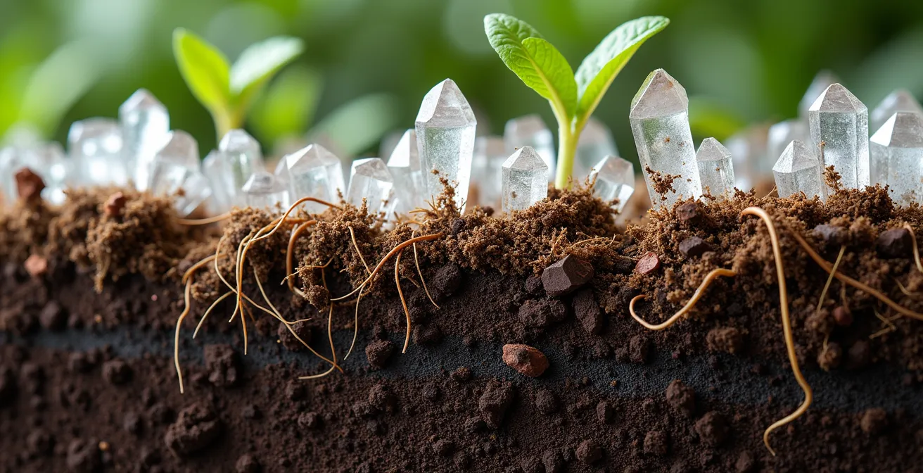 Corte transversal del suelo mostrando capas de compost, hidrogel y sistema radicular