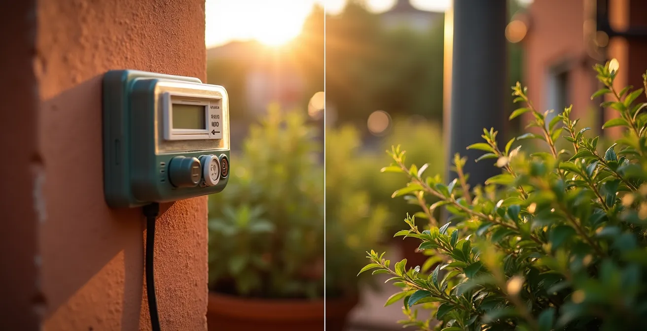 Comparación visual de programador de riego a pilas y eléctrico instalados en terraza mediterránea