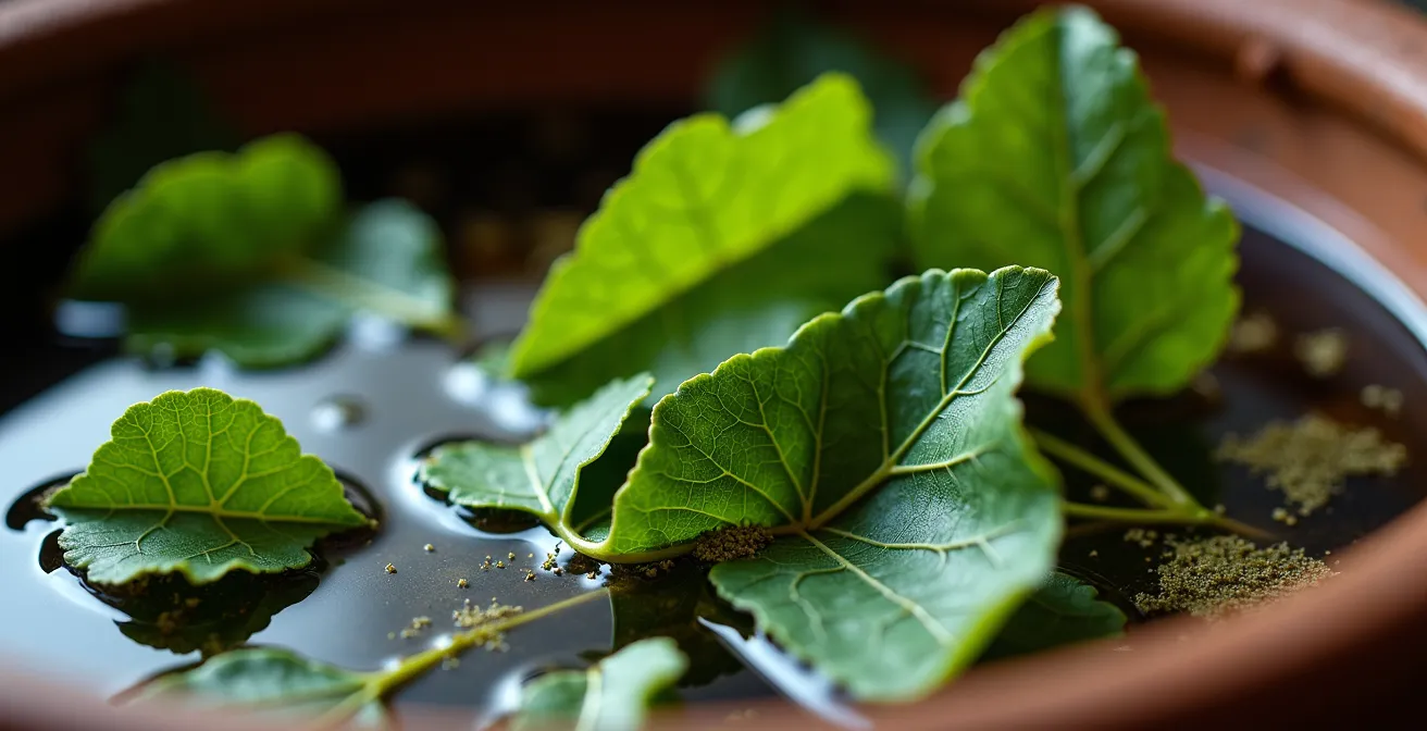 Preparación de purín de ortiga en un recipiente de terracota con plantas frescas