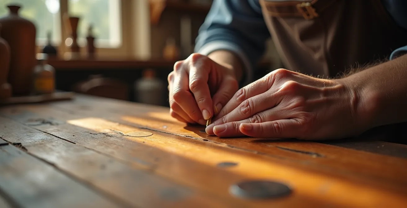 Manos de artesano aplicando cera natural sobre arañazo en madera de nogal