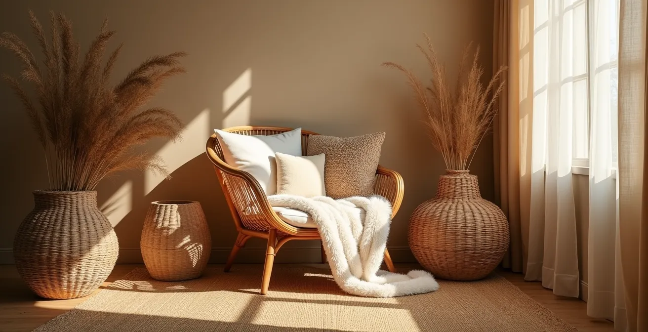 Salón con equilibrio perfecto entre fibras naturales y textiles suaves