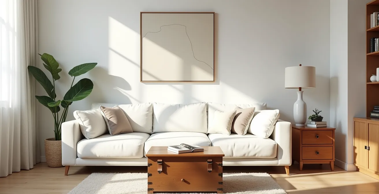 Salón con mezcla equilibrada de muebles nórdicos y piezas de artesanía española local