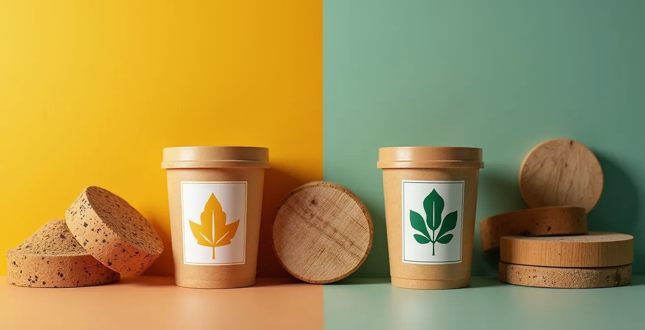 Comparación visual de sellos ecológicos auténticos y greenwashing en materiales