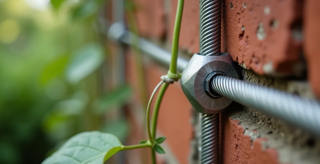 Sistema de cables de acero tensados en pared con anclajes químicos para soportar una glicina