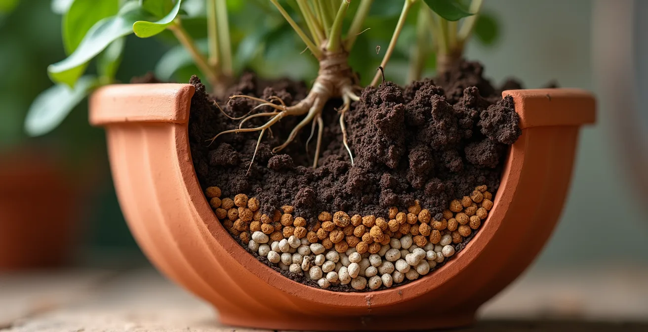 Sección transversal de una maceta mostrando las capas correctas de drenaje: arcilla expandida, malla geotextil y sustrato.