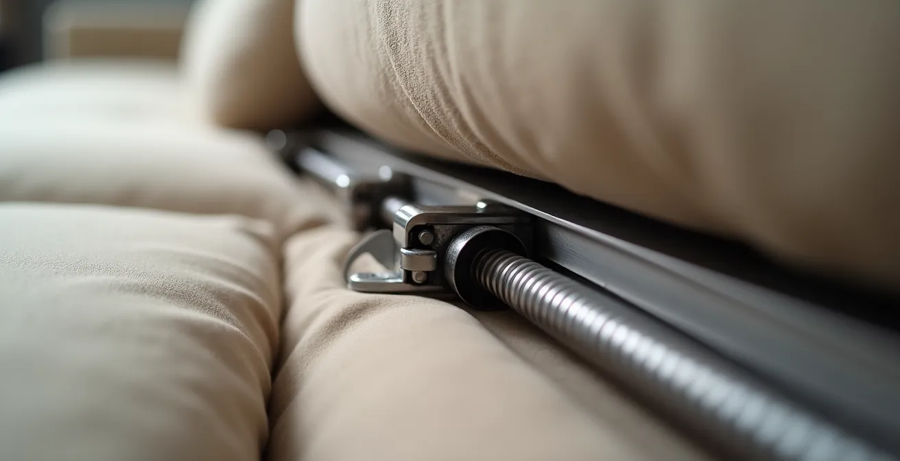 Detalle del mecanismo de apertura italiana de un sofá cama mostrando la estructura metálica