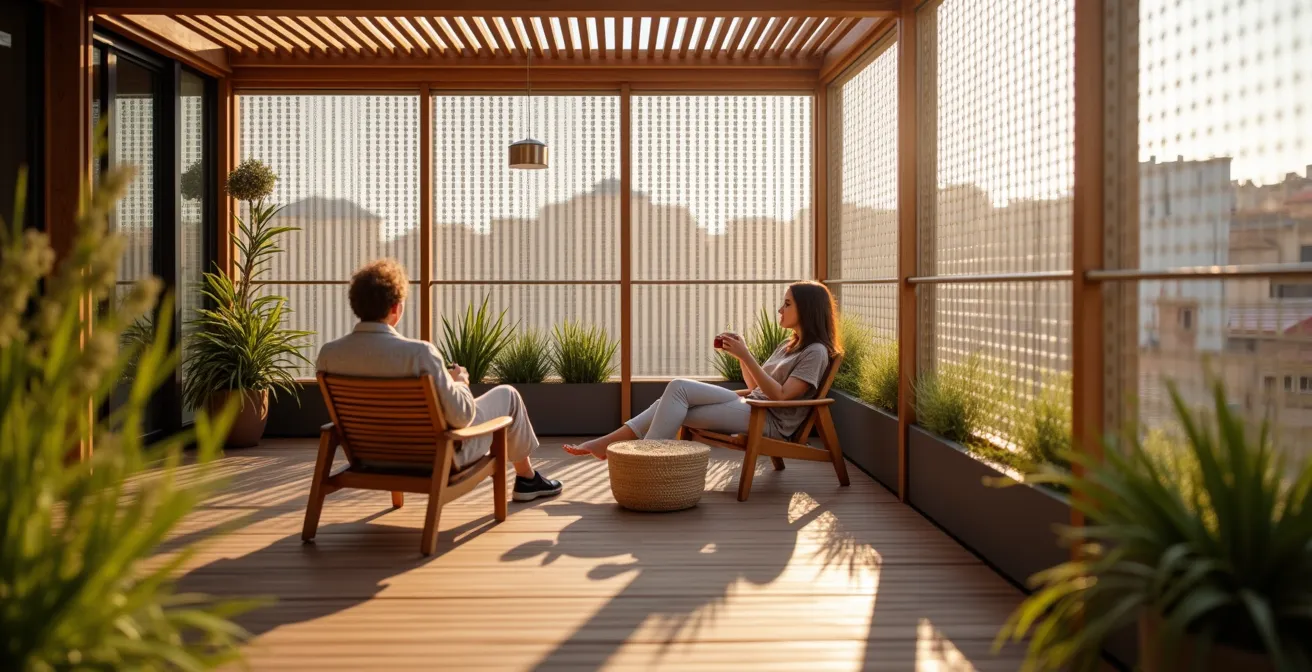 Sistema de privacidad modular con celosías móviles y pérgola bioclimática en terraza española