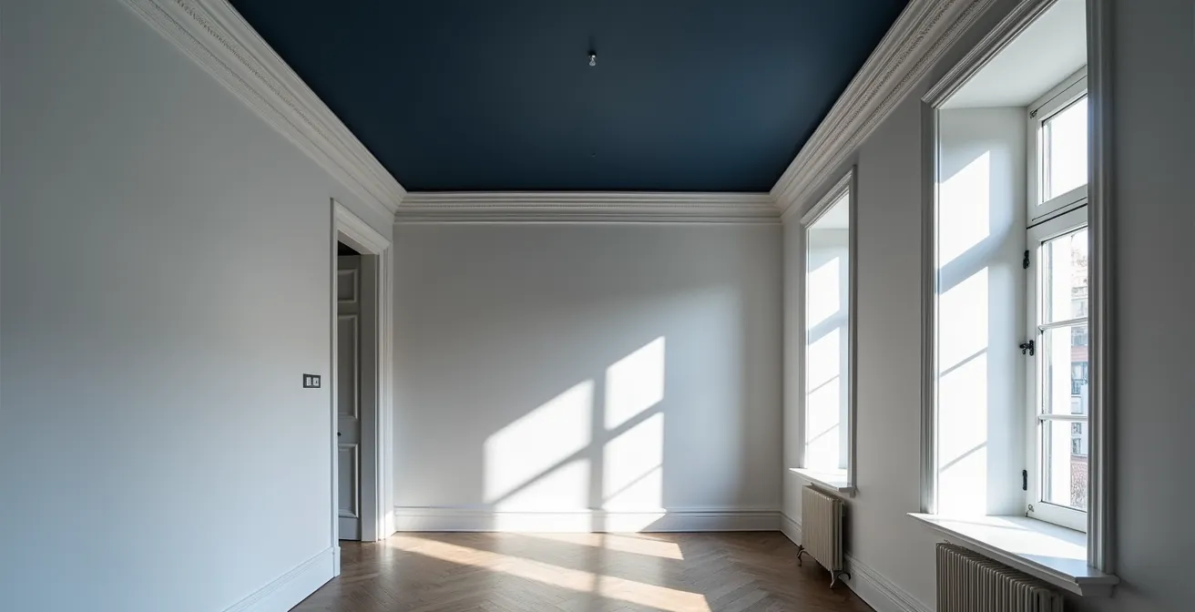 Salón con techo pintado de azul noche y molduras de escayola resaltadas