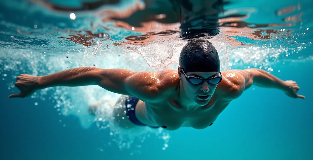 Técnica correcta de natación contracorriente mostrando alineación corporal horizontal