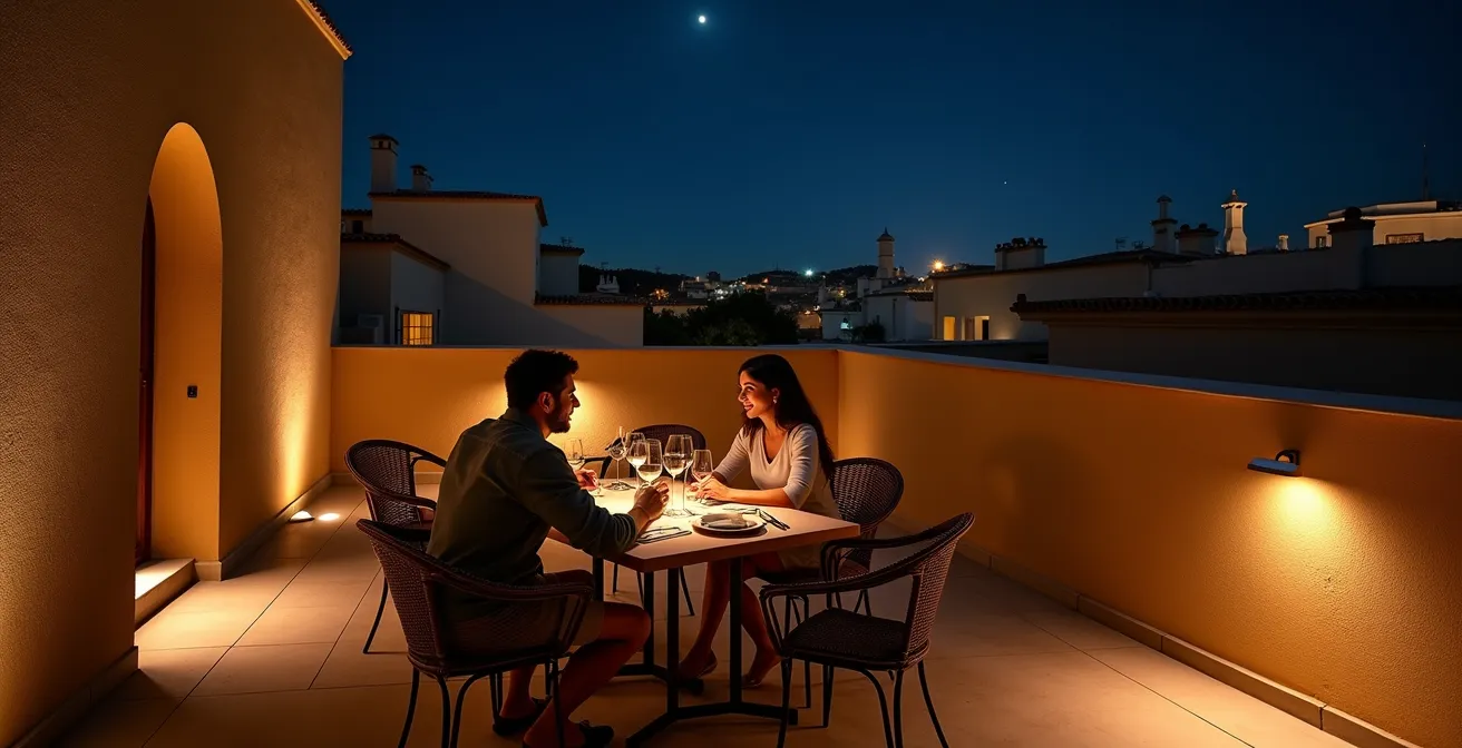 Vista aérea de terraza de ático mostrando correcta orientación de focos sin contaminar