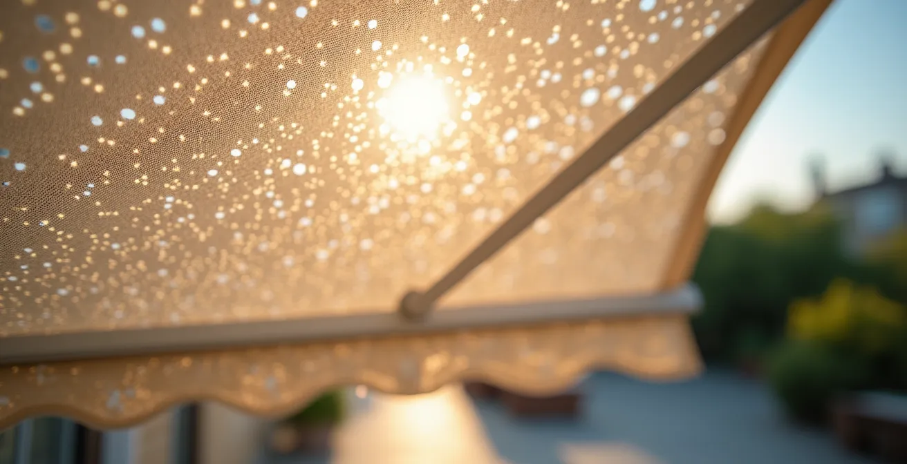 Detalle macro de tejido microperforado para toldo con trama visible