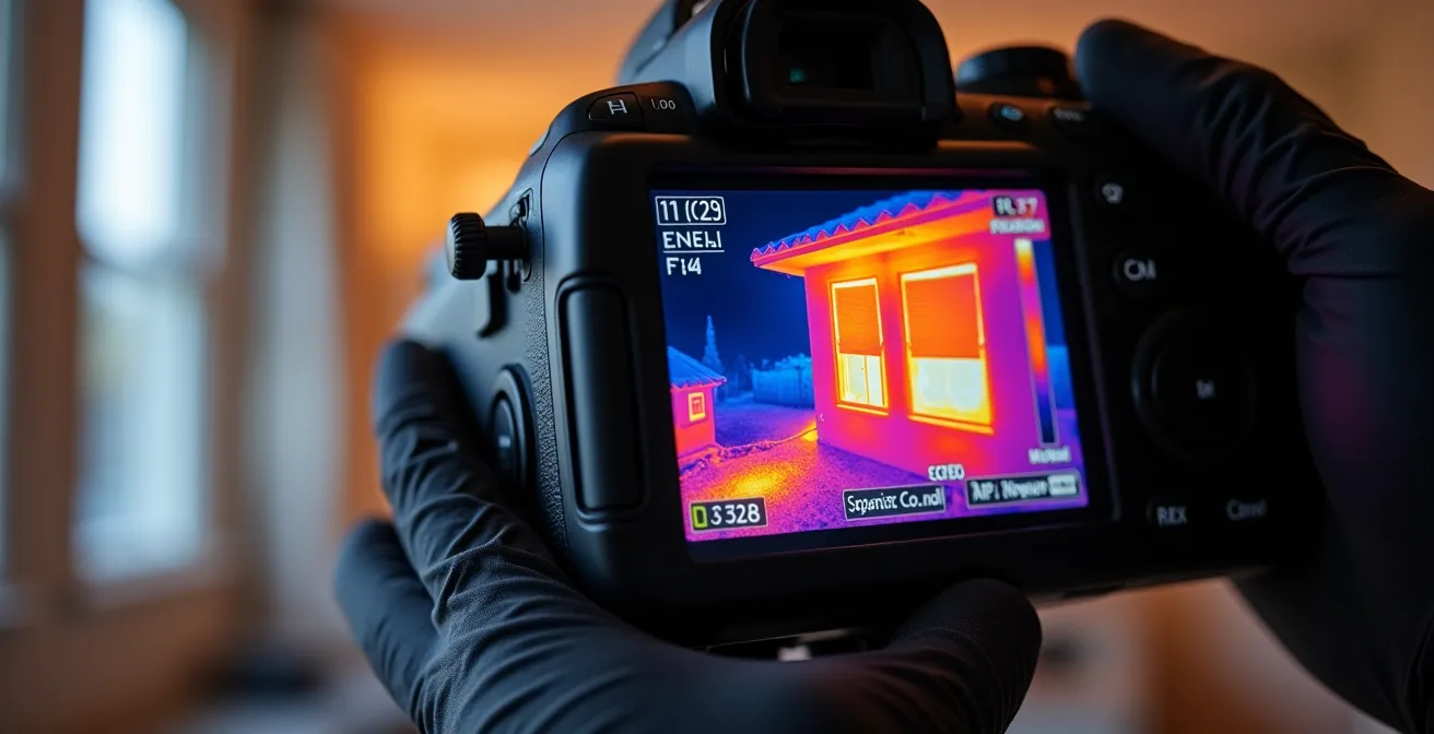 Imagen termográfica mostrando pérdidas de calor en ventanas y cajones de persiana de una vivienda española