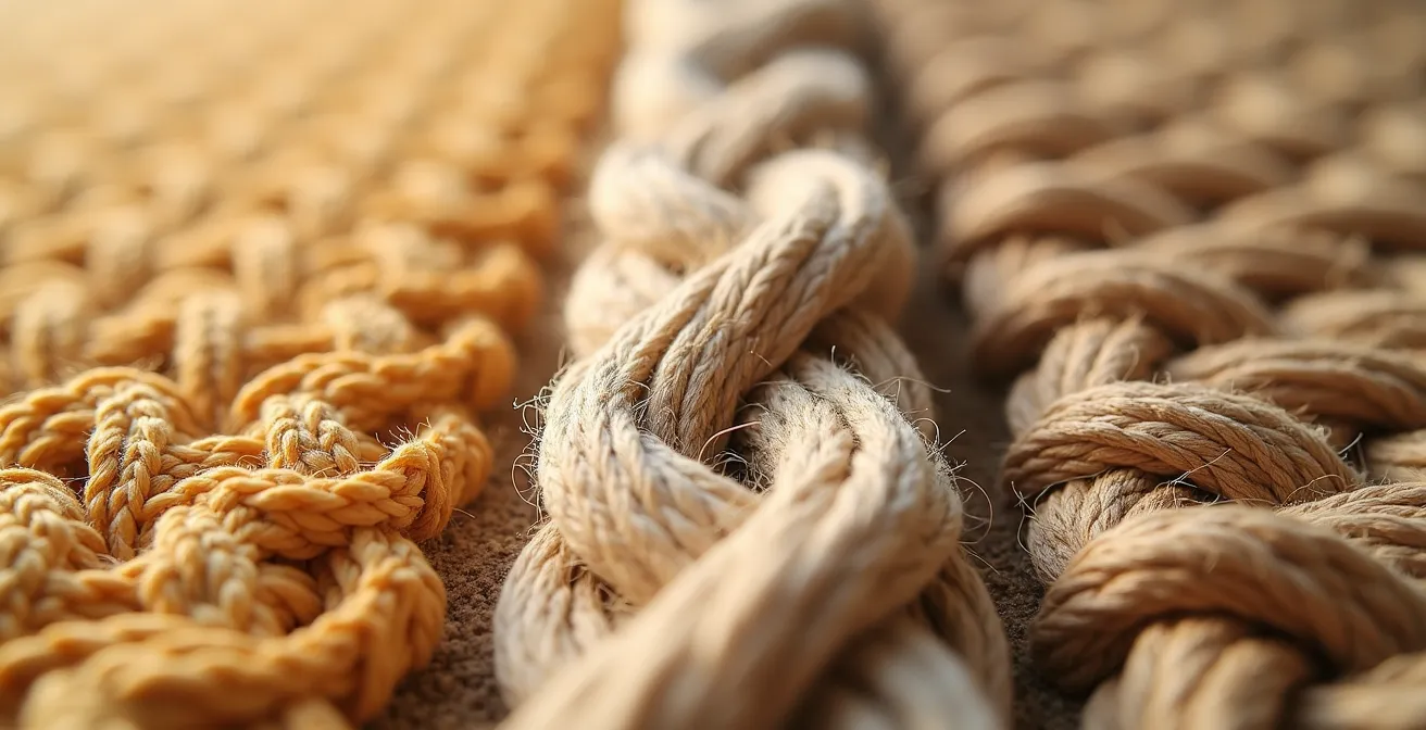 Comparación macro de texturas de yute, sisal y esparto mostrando sus diferencias