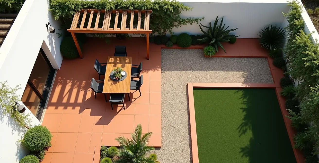 Jardín compacto con tres zonas diferenciadas mediante cambios de pavimento y niveles, mostrando área de comedor, zona de descanso y espacio verde