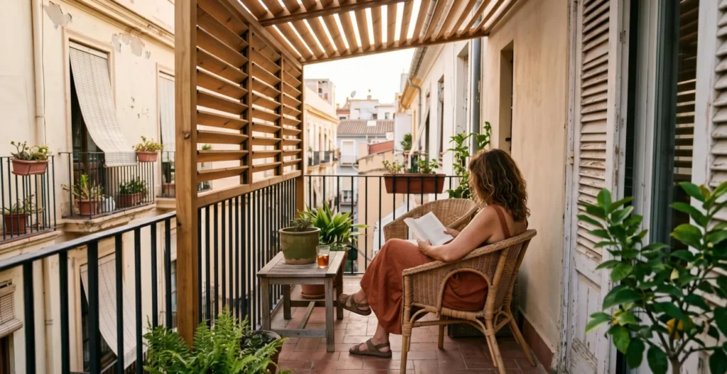 Pérgola con lamas orientables instalada en un balcón urbano español creando una zona de sombra Pérgola con lamas orientables instalada en un balcón urbano español creando una zona de sombra