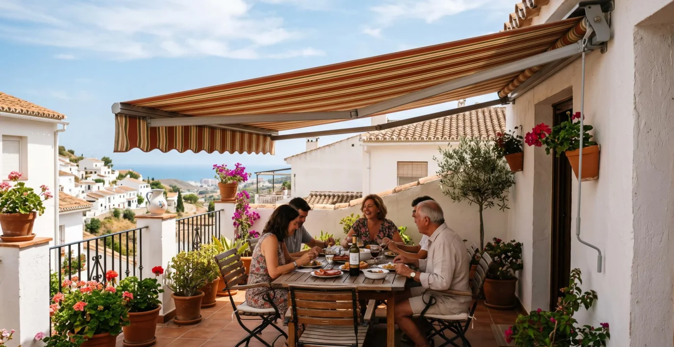 Toldo desplegado protegiendo una terraza amueblada en un contexto arquitectónico mediterráneo español