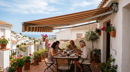 Toldo desplegado protegiendo una terraza amueblada en un contexto arquitectónico mediterráneo español