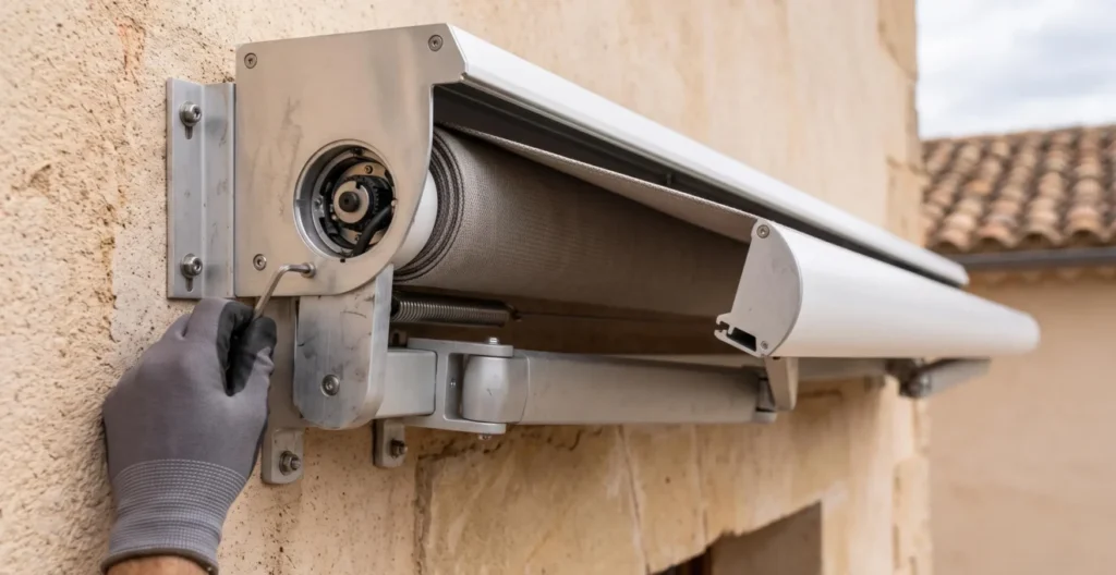 Detalle de un sistema cofre protegiendo el mecanismo enrollado de un toldo de calidad profesional Detalle de un sistema cofre protegiendo el mecanismo enrollado de un toldo de calidad profesional